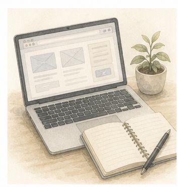 ウェブ制作を表すノートPCと植物の淡彩イラスト