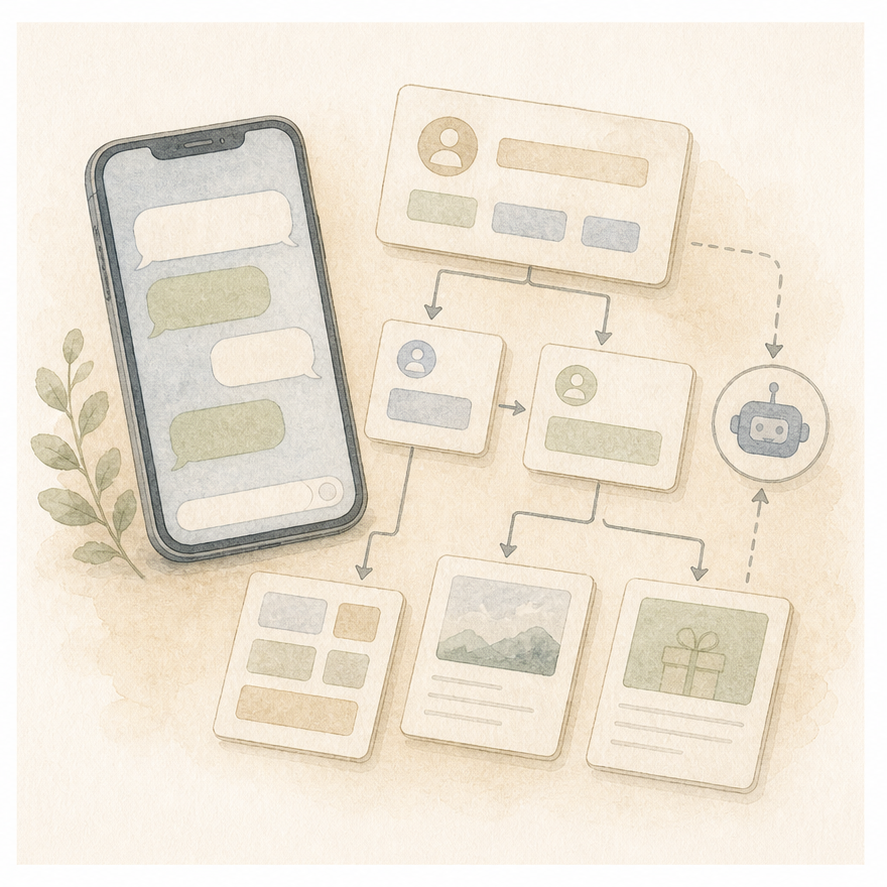 LINE構築を表すスマートフォンと導線カードの淡彩イラスト